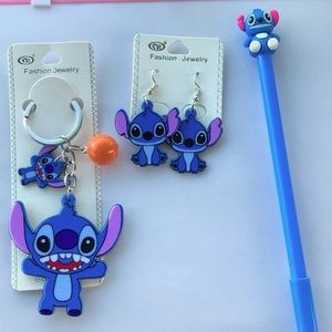 Stich earrings, key chain & pen bundle Disney character